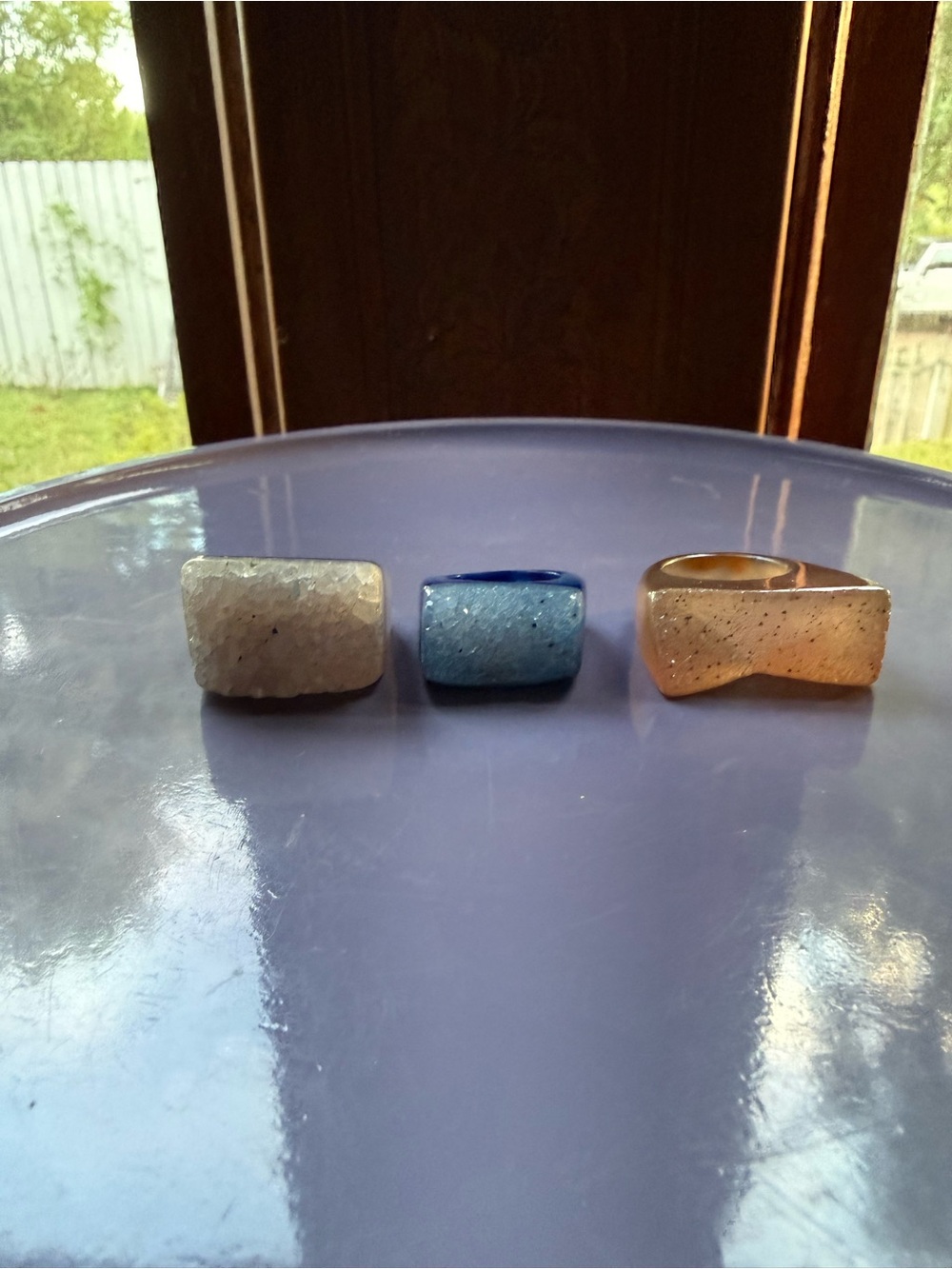Acrylic Statement Ring Trio in Lavender, Blue and Metallic Mauve